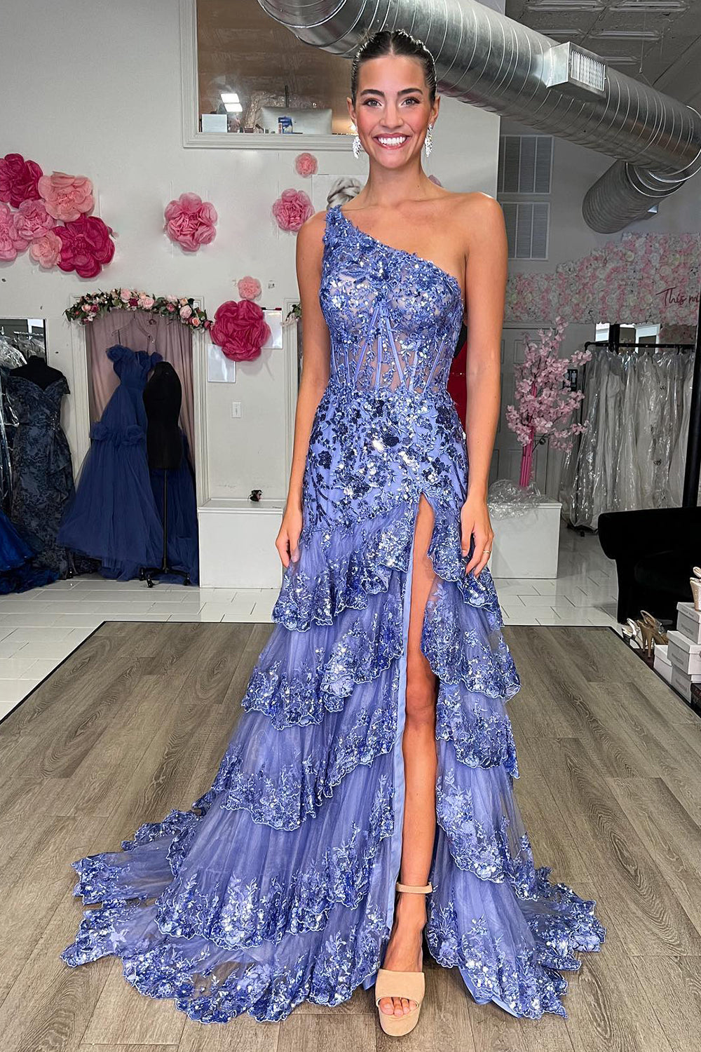 Black Prom Dress One Shoulder Tiered Lace Long Evening Dress with Slit