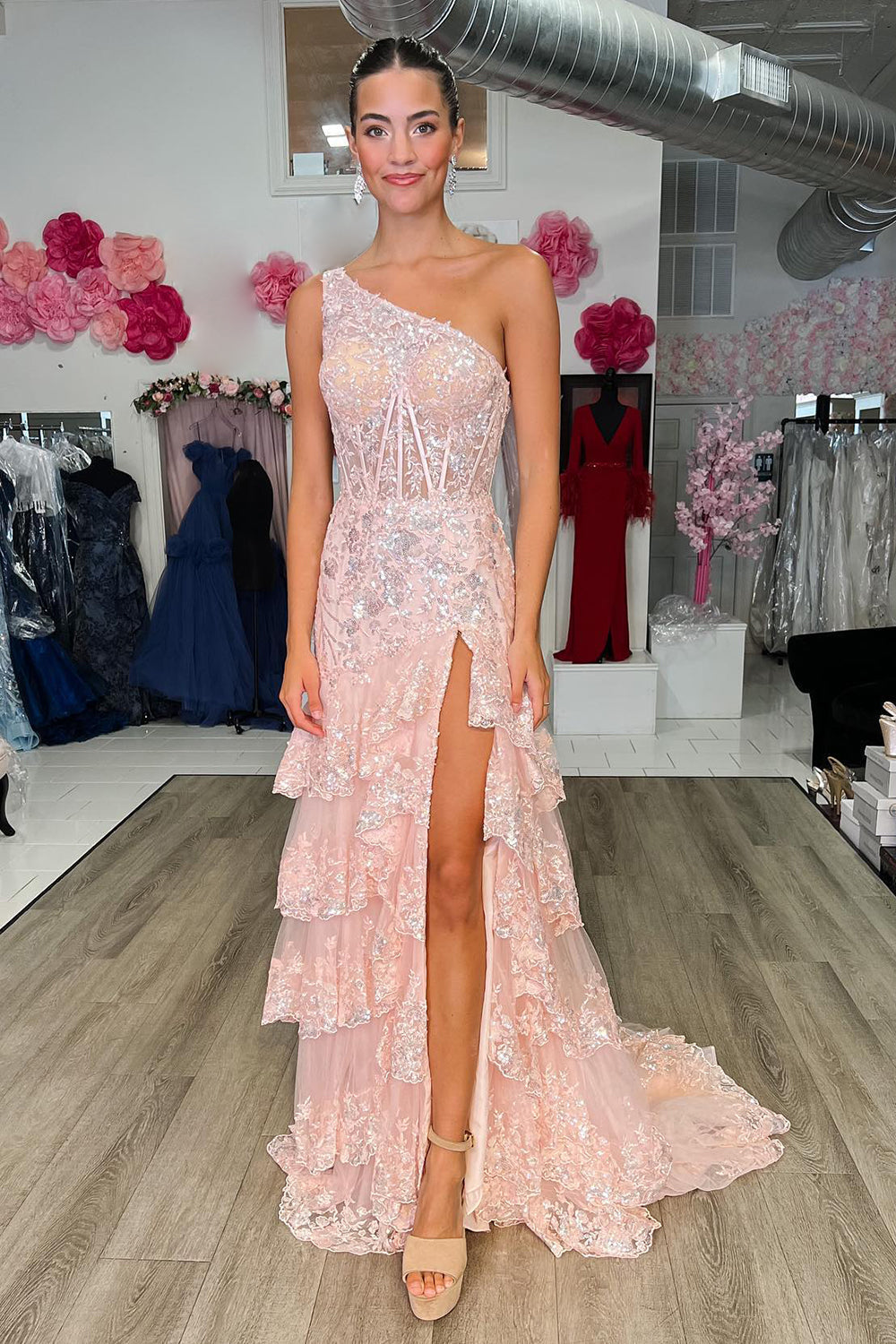 Black Prom Dress One Shoulder Tiered Lace Long Evening Dress with Slit