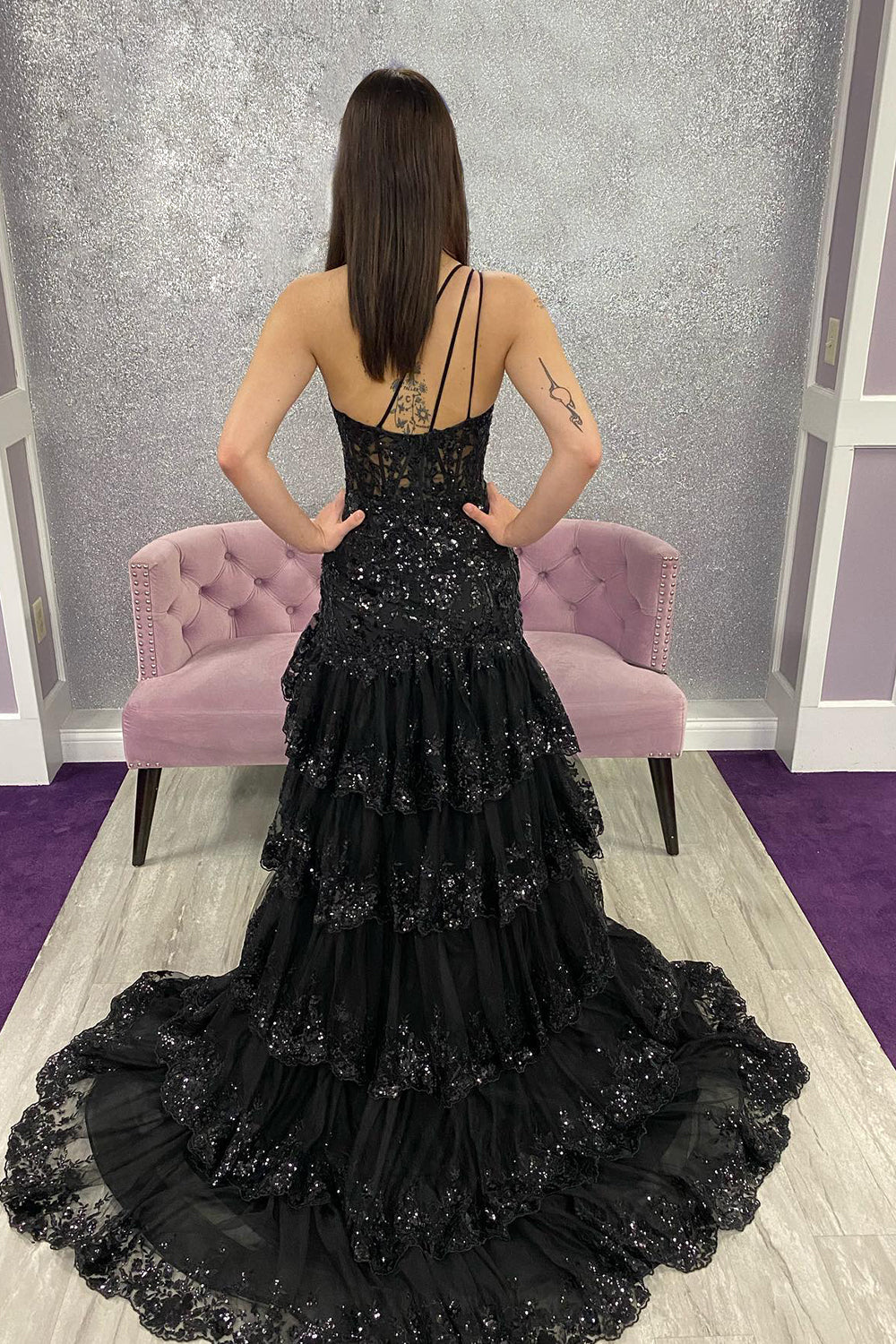 Black Prom Dress One Shoulder Tiered Lace Long Evening Dress with Slit