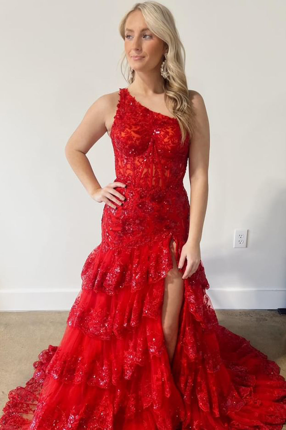 Black Prom Dress One Shoulder Tiered Lace Long Evening Dress with Slit