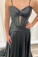 Black Prom Dress Ruched Corset Pleated A Line Satin Long Formal Dress