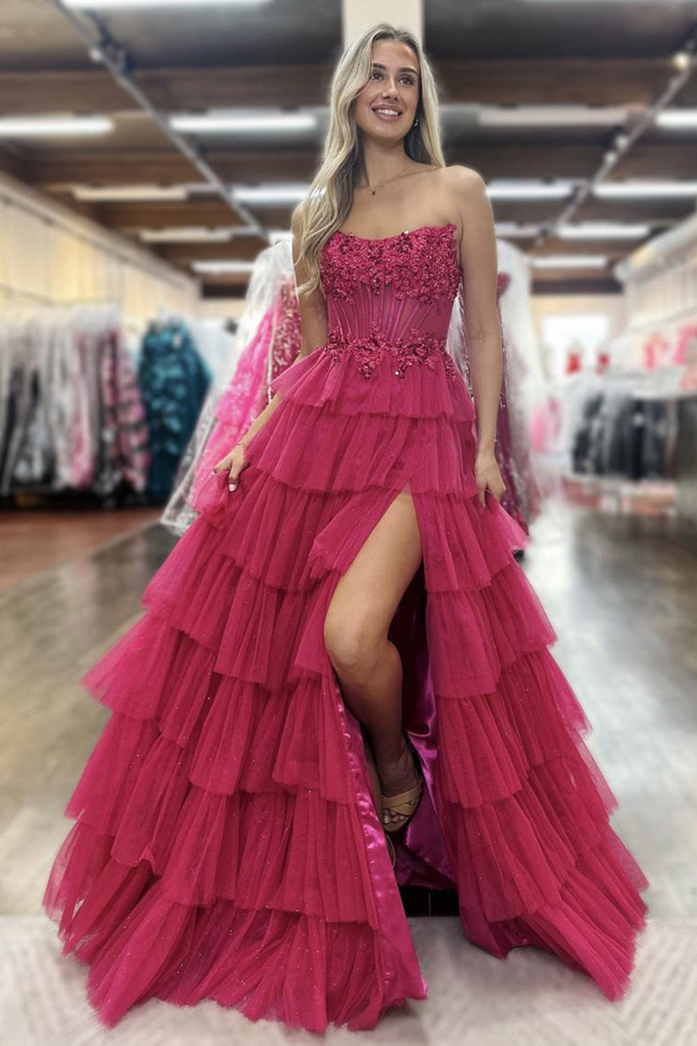 Black Prom Dress Ruffled Floor Length Tulle Formal Dress With Slit