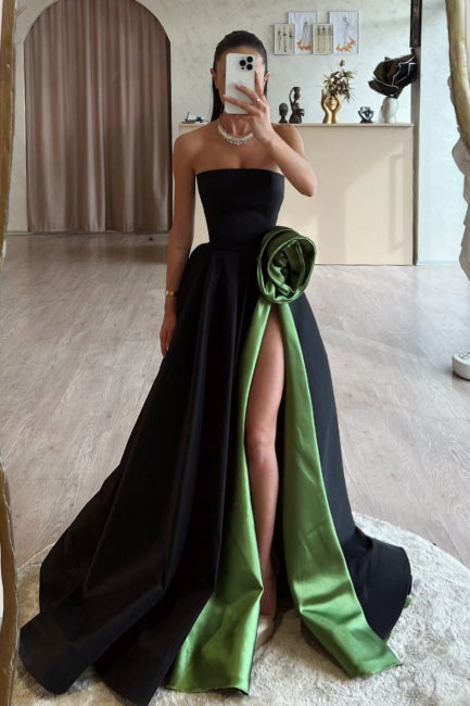 Black Prom Dress Strapless A Line Sleeveless Sweep Train Satin Formal Dress With High Slit