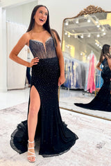 Black Prom Dress Sweetheart Corset Beaded Long Formal Dress With Slit