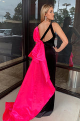 Black Prom Dress V-Neck Corset Velvet Mermaid Formal Dress With Fuchsia Cape