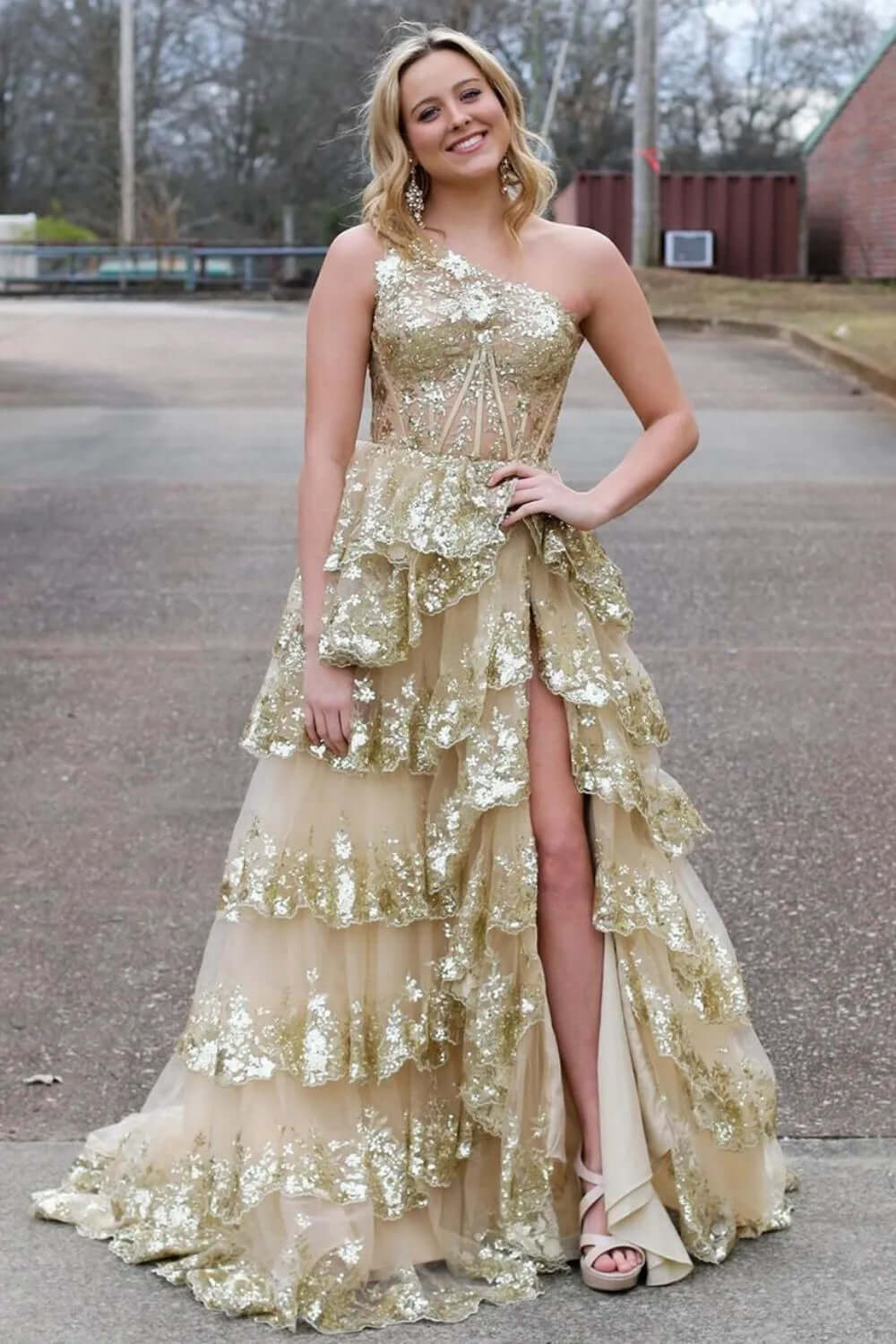 Sparkly Lilac One Shoulder Tiered Lace Long Prom Dress with Slit