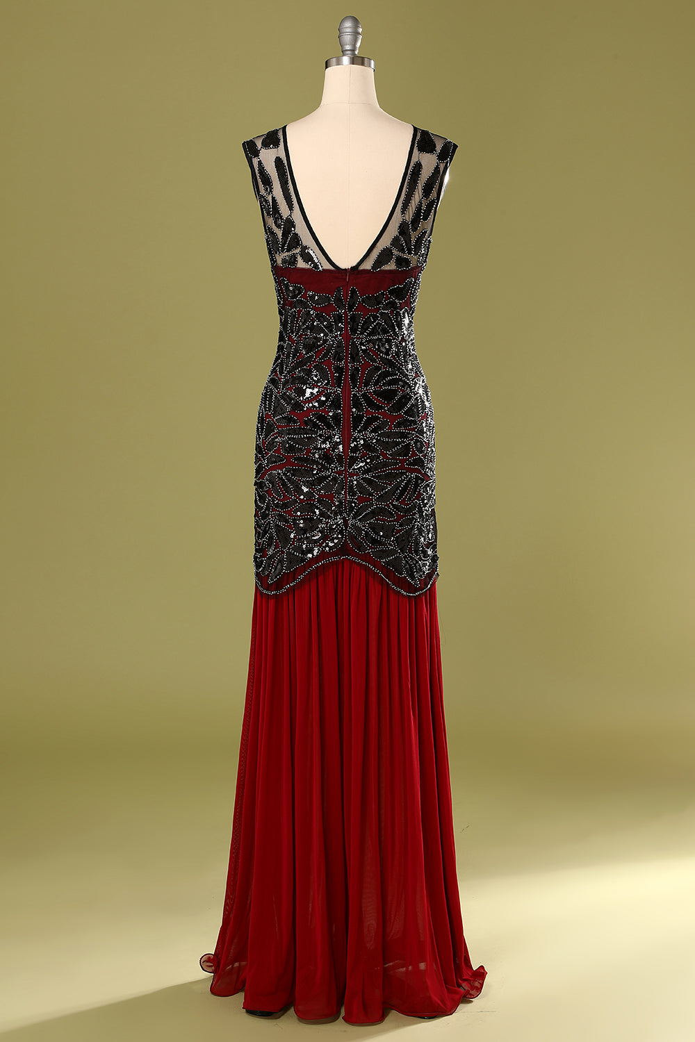 Black Red 1920s Cap Sleeve Long Flapper Evening Dress