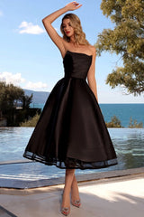 Black Satin A Line Prom Dress with Strapless Pleated Bodice