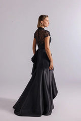 Black Satin Prom Dress with Beaded Illusion Bodice and Side Slit
