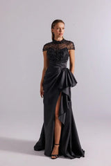 Black Satin Prom Dress with Beaded Illusion Bodice and Side Slit