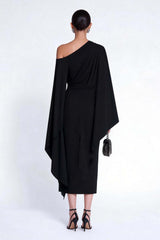 Black Sheath One Shoulder Midi Prom Dress With Cape