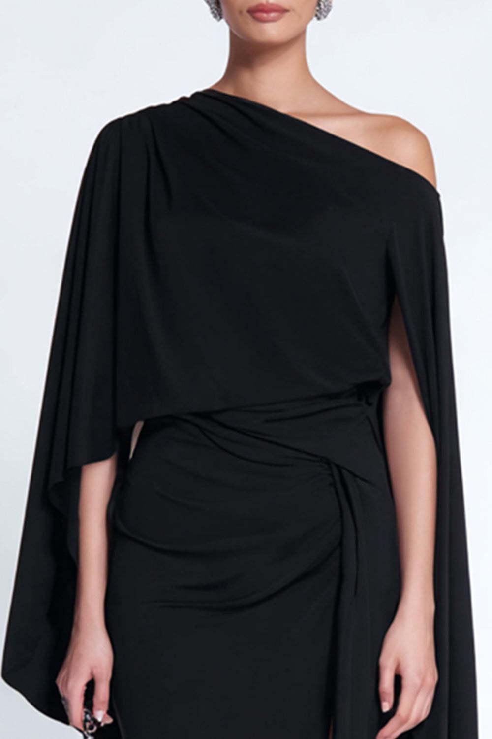 Black Sheath One Shoulder Midi Prom Dress With Cape