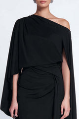 Black Sheath One Shoulder Midi Prom Dress With Cape