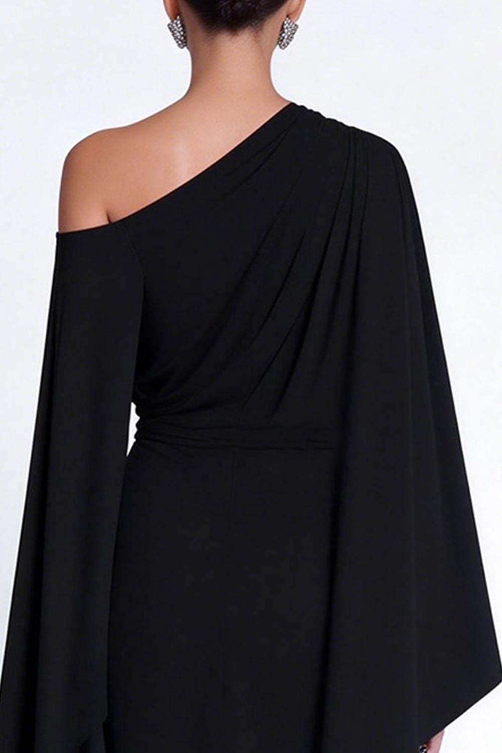 Black Sheath One Shoulder Midi Prom Dress With Cape