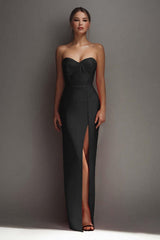 Black Sheath Sweetheart Long Satin Prom Dress With Slit