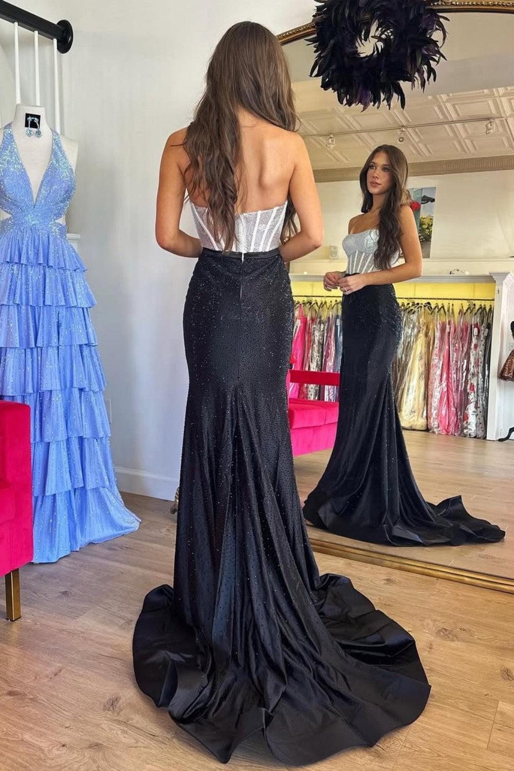 Dreamyannie Black & Silver Strapless Structured Corset Top Beading Prom Dress With High Slit Formal Evening Gown