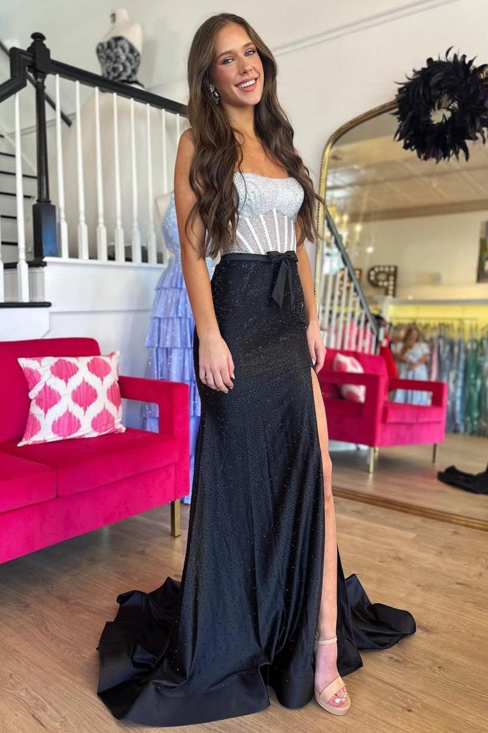 Dreamyannie Black & Silver Strapless Structured Corset Top Beading Prom Dress With High Slit Formal Evening Gown