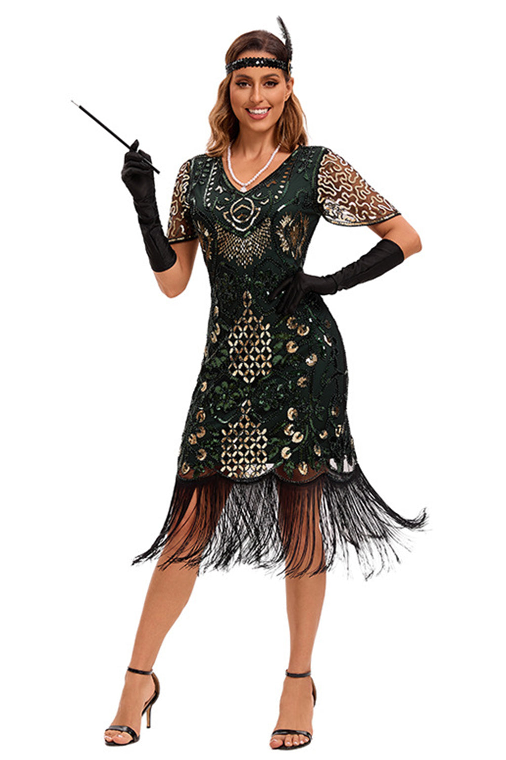 Black Silver V-Neck Batwing Sleeve Fringe 1920s Gatsby Dress