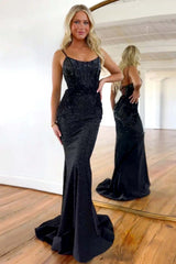 Black Spaghetti Straps Evening Dress Mermaid Long Corset Prom Dress with Beadings
