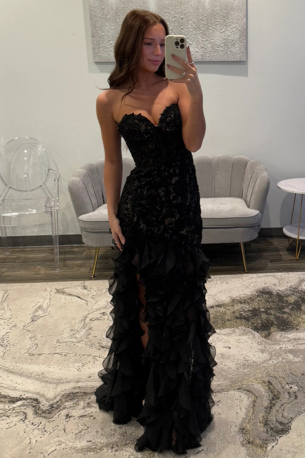 Black Sweetheart Mermaid Lace Prom Dress With Ruffle Skirt Formal Evening Gown