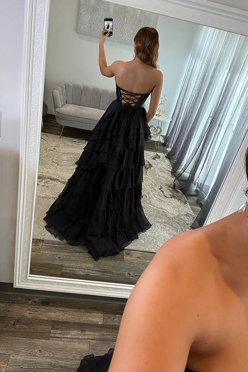 Black Sweetheart Prom Dress Corset Tiered Chiffon Long Formal Dress With Slit