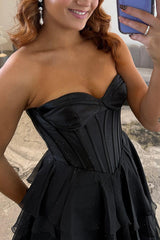 Black Sweetheart Prom Dress Corset Tiered Chiffon Long Formal Dress With Slit