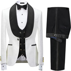 Black Three Piece Shawl Lapel Jacquard Wedding Suit
