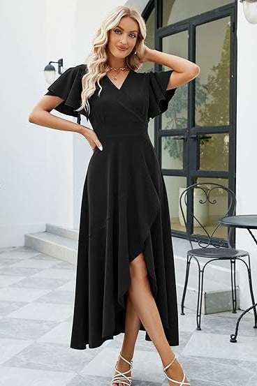 Black V Neck Wedding Guest Dress High Low Batwing Sleeves Party Dress
