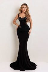 Black Velvet Evening Dress Mermaid Sweetheart Beaded Spaghetti Strap Christmas Party Dress
