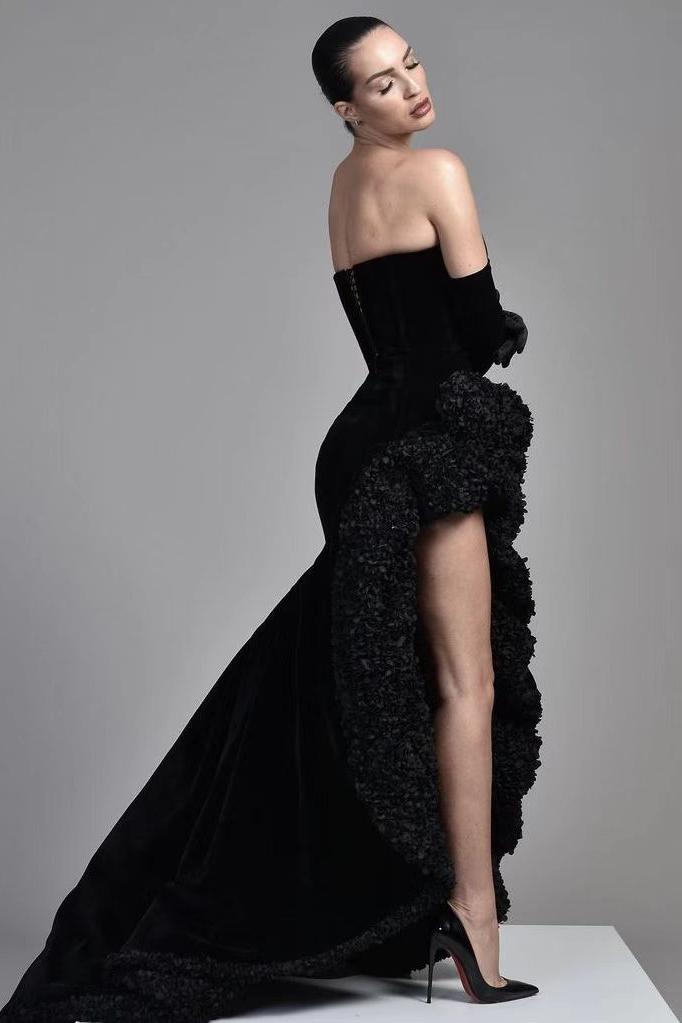 Black Velvet Evening Dress Off the Shoulder Prom Formal Dress with High Slit