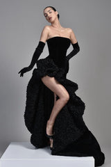Black Velvet Evening Dress Off the Shoulder Prom Formal Dress with High Slit