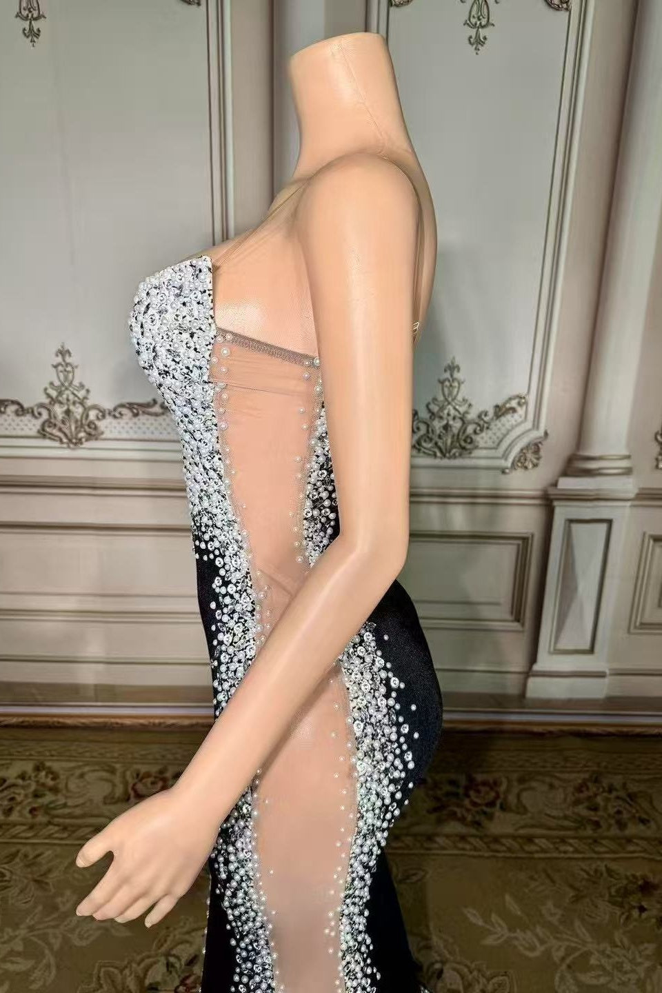 Black Velvet Formal Dress Beaded Christmas Party Dress with Slit