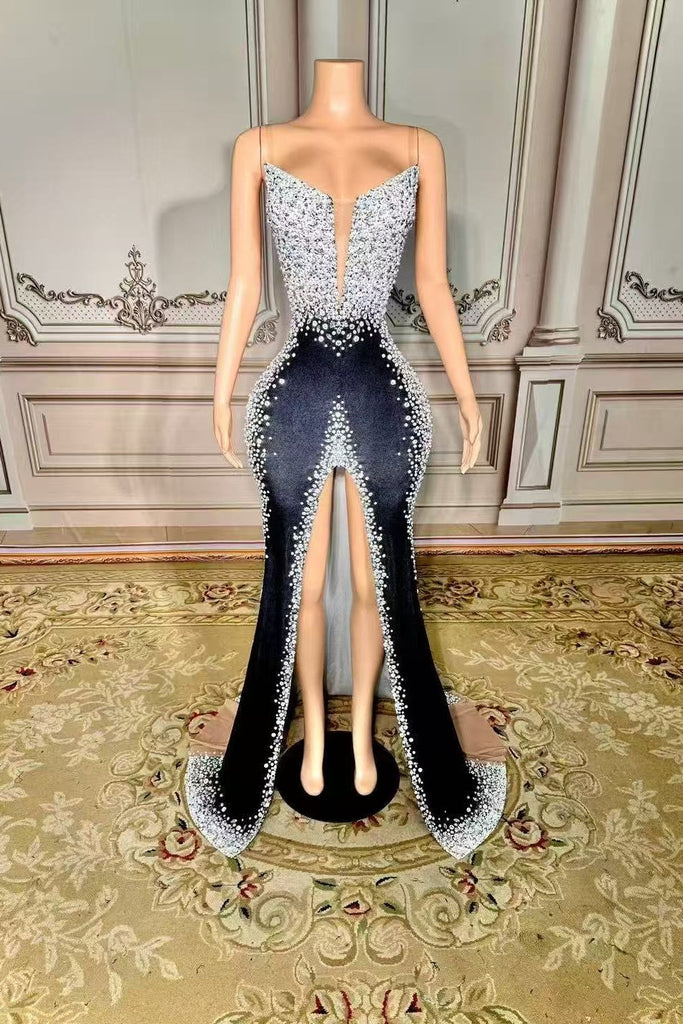 Dreamyannie Women Black Velvet Formal Dress Beaded Christmas Party Dress with Slit Dreamyannie UK Dreamyannie Women Black Velvet Formal Dress Beaded Christmas Party Dress with Slit Dreamyannie UK