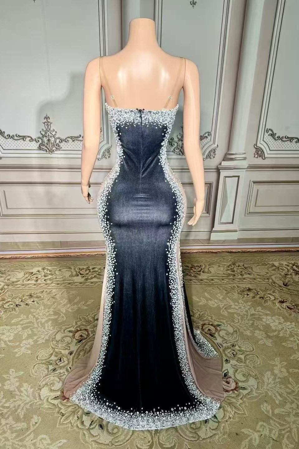 Black Velvet Formal Dress Beaded Evening Dress with Slit