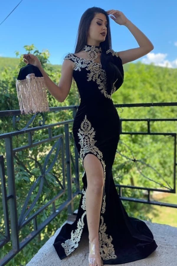 Black Velvet Mermaid Evening Dress with Gold Lace Appliques and Side Slit