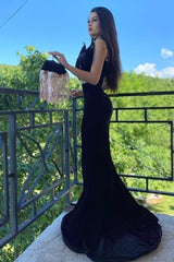 Black Velvet Mermaid Evening Dress with Gold Lace Appliques and Side Slit