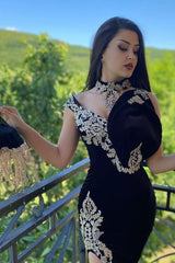 Black Velvet Mermaid Evening Dress with Gold Lace Appliques and Side Slit