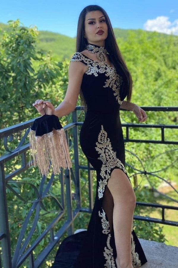 Black Velvet Mermaid Evening Dress with Gold Lace Appliques and Side Slit