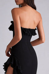 Dreamyannie Black Wedding Guest Dress Tiered Strapless Long Chiffon Formal Dress With Slit