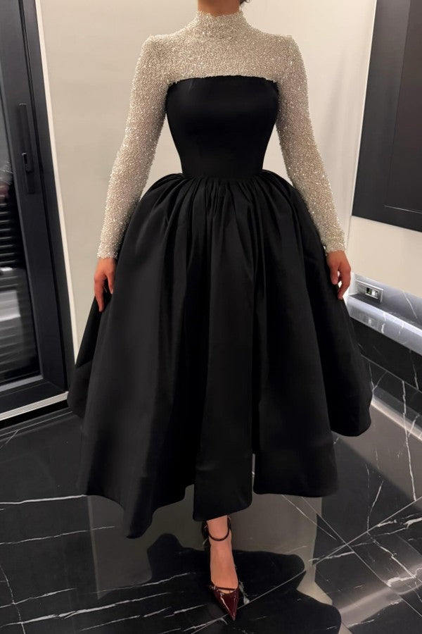 Black and Silver A Line Prom Dress with High Neck and Sequin Long Sleeves