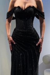 Black Off The Shoulder Prom Dress Sparkly Sheath/Column Formal Dress