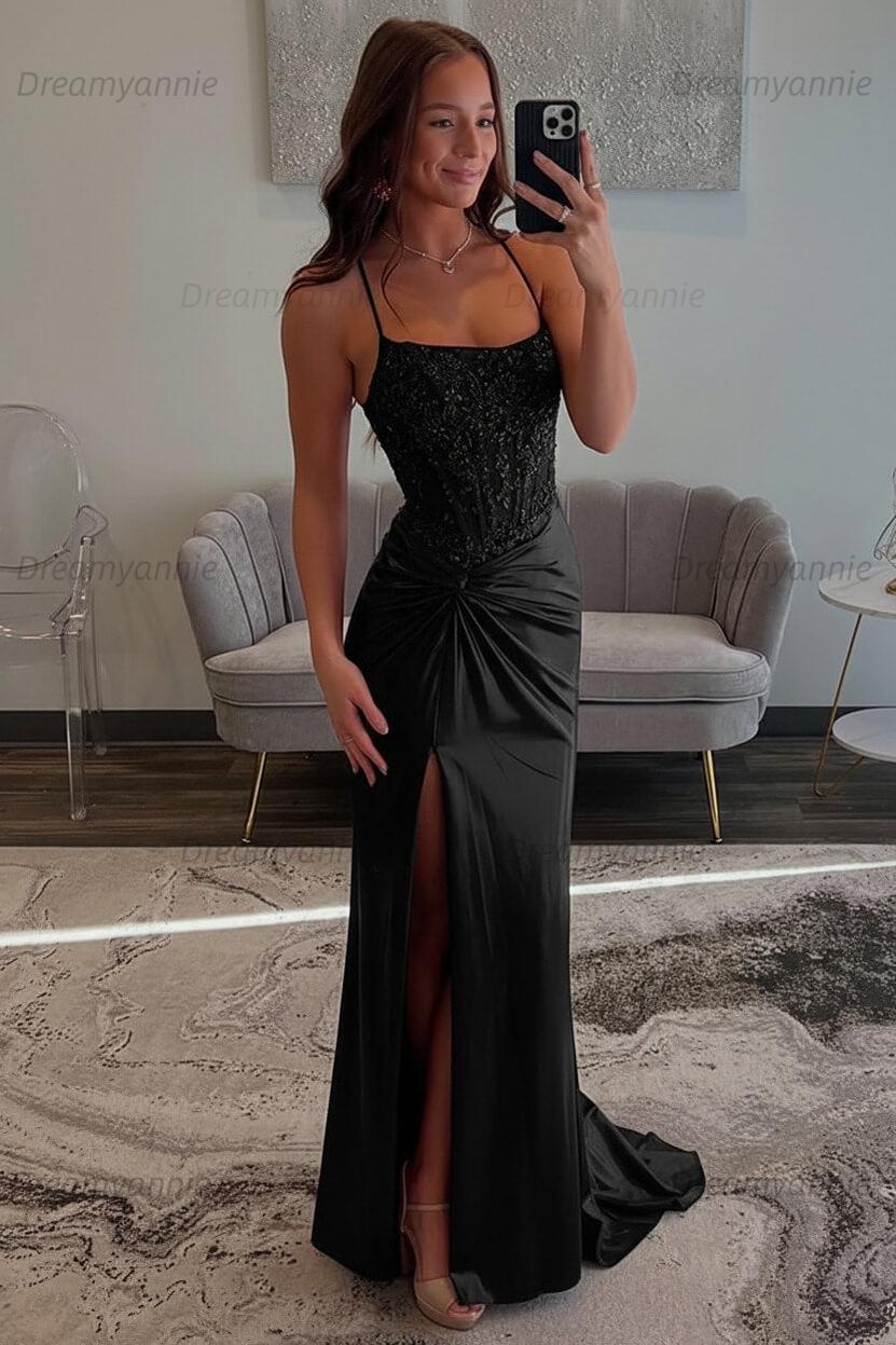 Dreamyannie Red Prom Dress Spaghetti Straps Ruhed Long Lace Formal Dress With Appliques