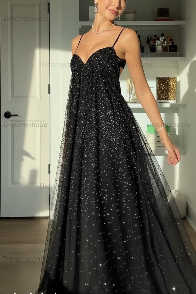Bling A Line Spaghetti Straps Grey Blue Long Party Dress With Beading Formal Evening Gown