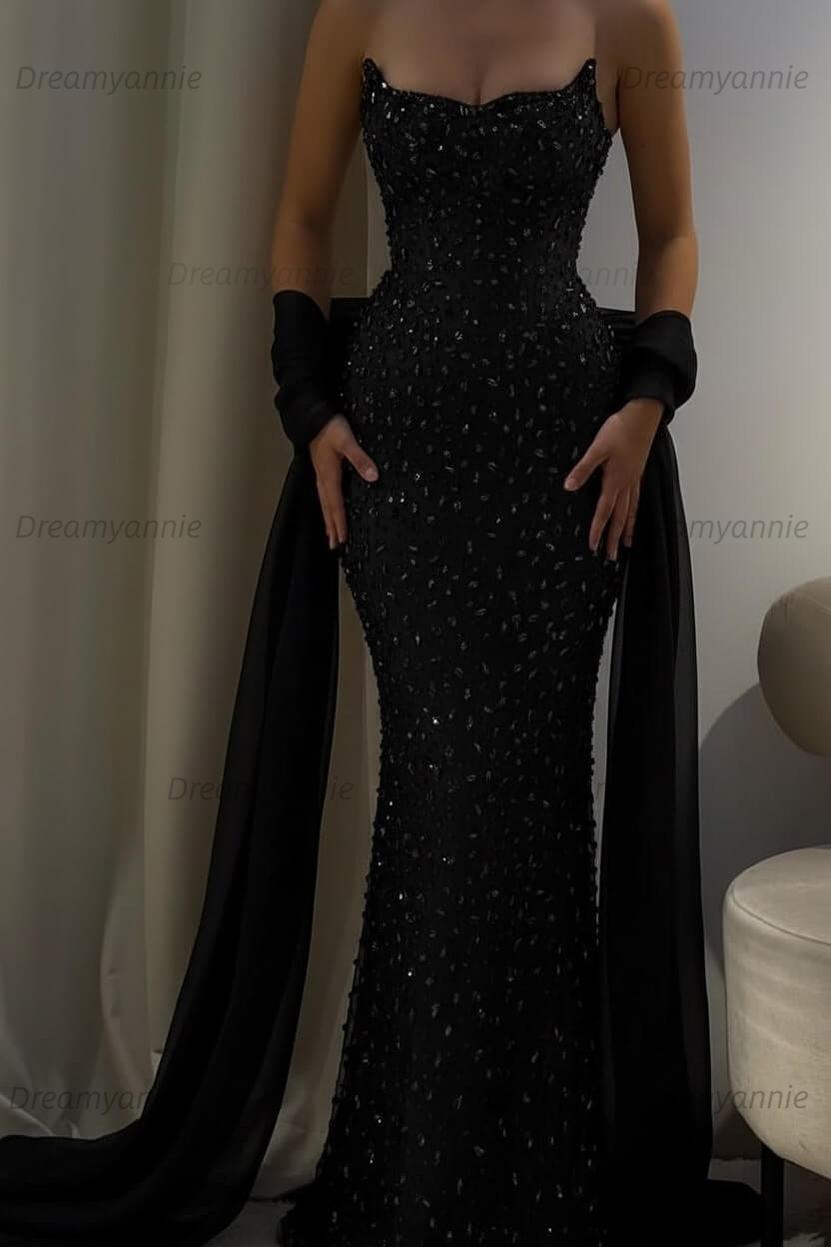Pink Mermaid Prom Dress Strapless Beaded Evening Dress