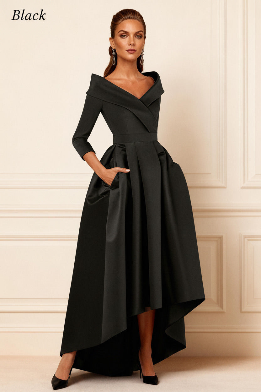 Dreamyannie Dark Navy V Neck Satin High Low Mother Of The Bride Dress With Pockets