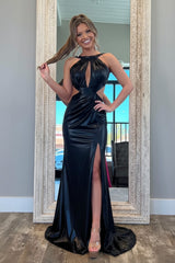 Stylish Fuchsia Metallic Mermaid Prom Dress With Slit And Open Back Formal Evening Gown