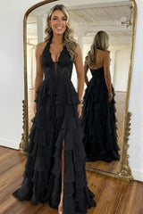 Dreamyannie Sky Blue Prom Dress Ruffled Halter Corset Evening Dress With Slit