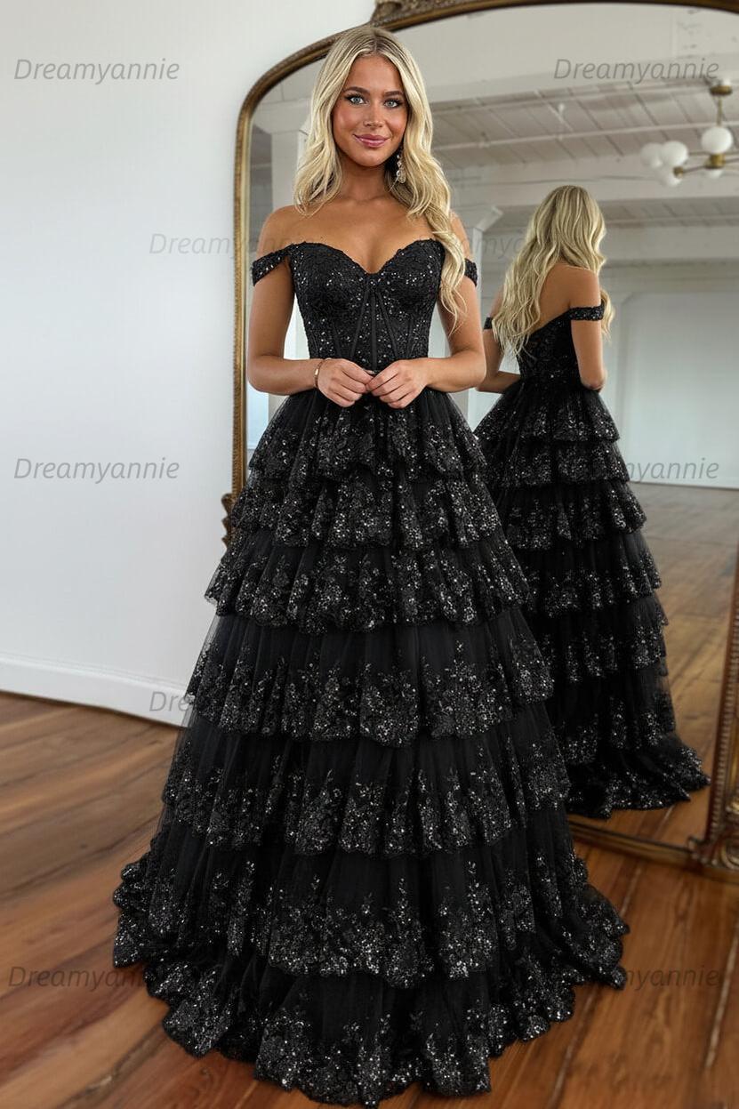 Glitter Hot Pink Corset Off the Shoulder Lace Long Prom Dress