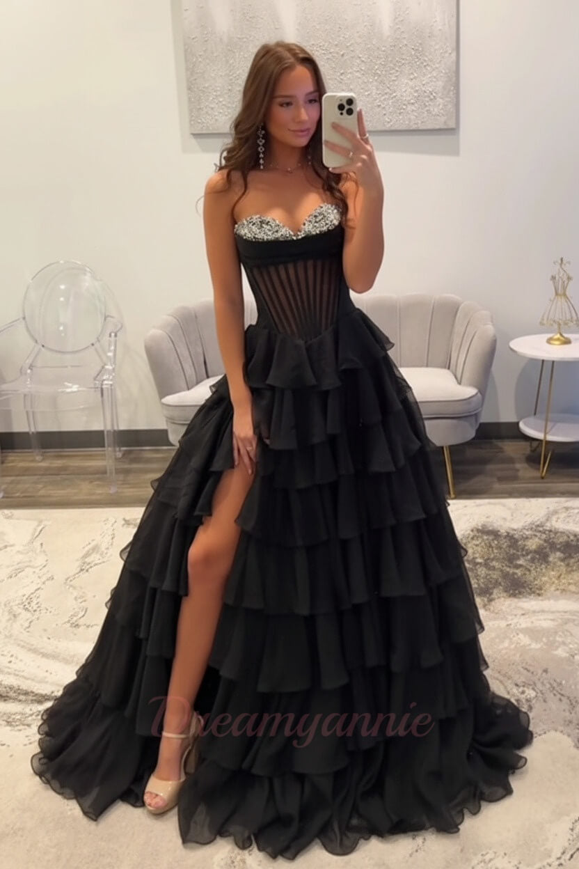 Dreamyannie Ruffled Black Prom Dress A Line Corset Long Formal Dress With Beadings