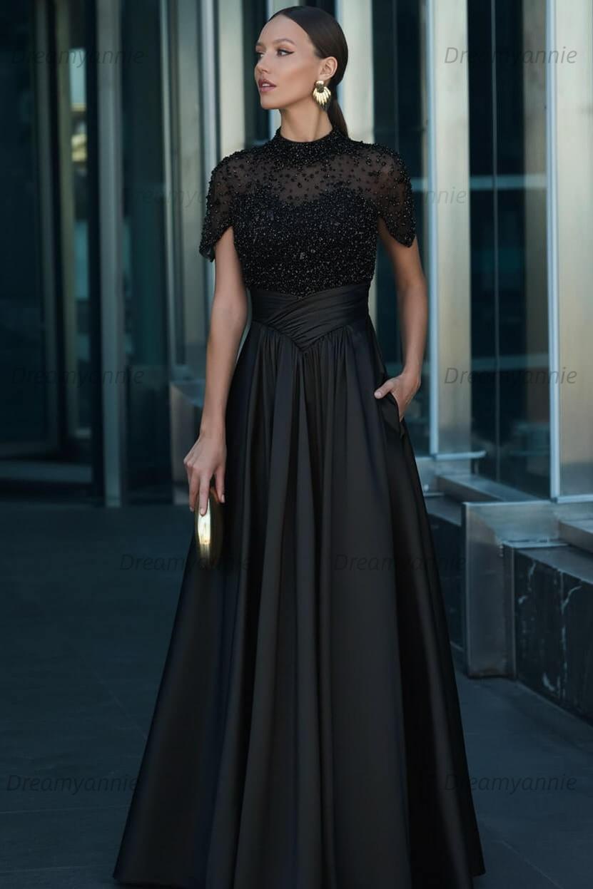 Green A Line Prom Dress Short Sleeve High Neck Beaded Evening Dress